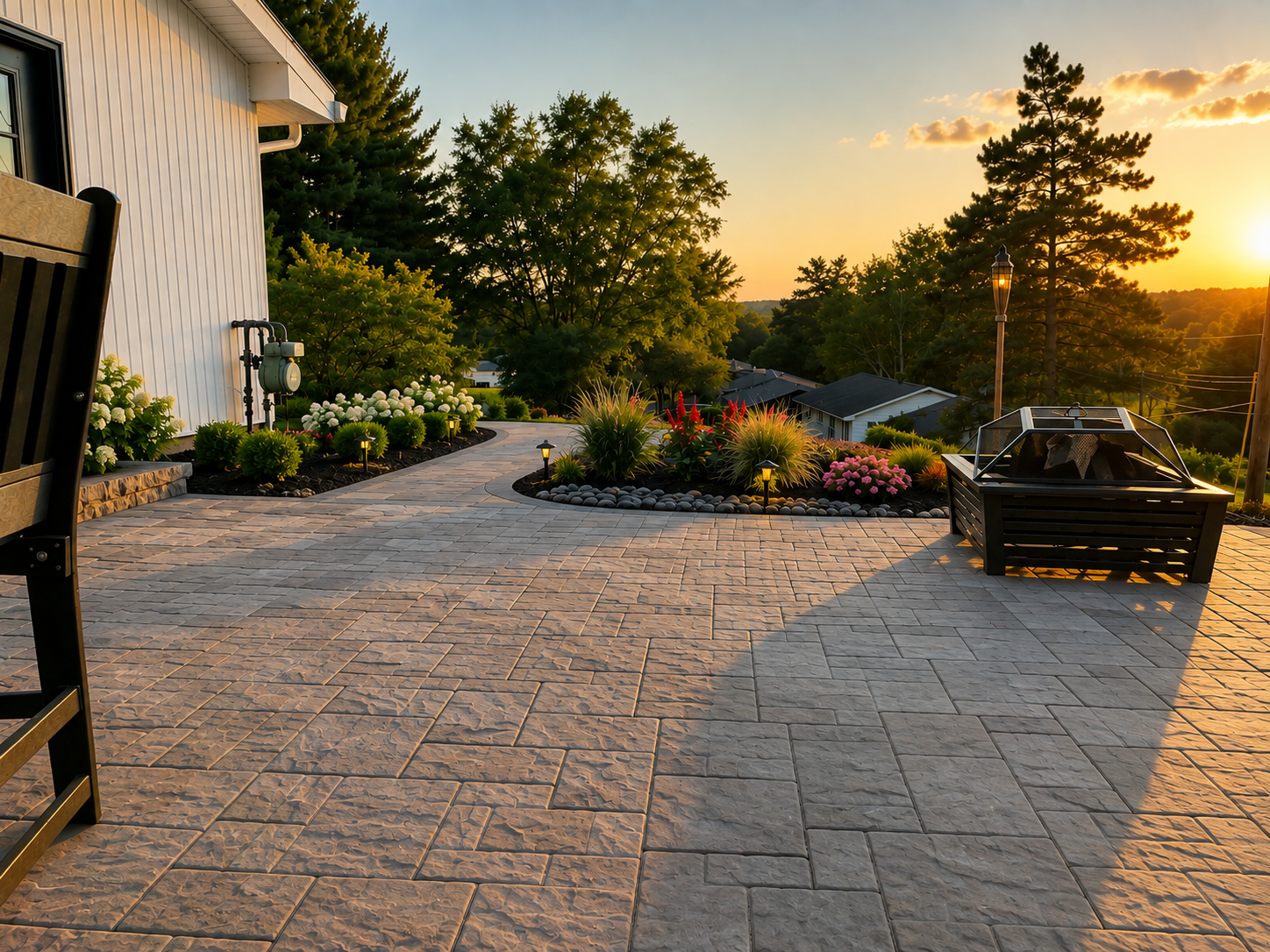 Landscape and patio at sunset